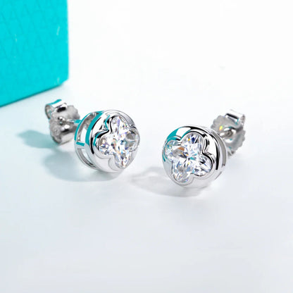 2cttw Four-Leaf Clover Cut Moissanite Bezel Earrings 925 Sterling Silver 18K Gold Plated Stud Earring for Women