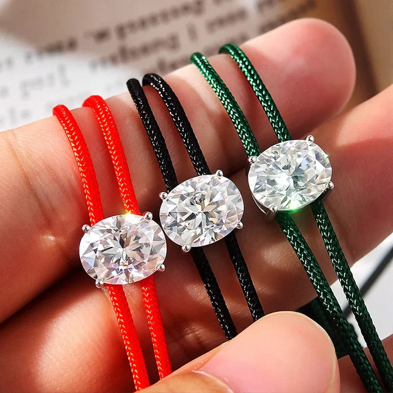 3CT Oval Cut Moissanite Braided Cord Bracelets for Women Men Adjustable Sliding-Knot Dainty Pure S925 Silver Chain D VVS1