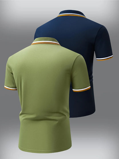 2pcs Men's Short-Sleeve Shirts with Contrast Collars - Lightweight Polyester, Pastel Blue & Pink, Turn- Collar, Button Closure,