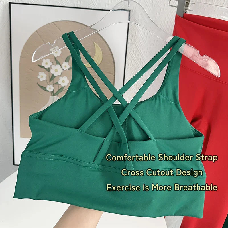 Christmas style 2-piece yoga suit Solid color gym fitness set cross back yoga top Peach butt yoga pants Pilates running suit