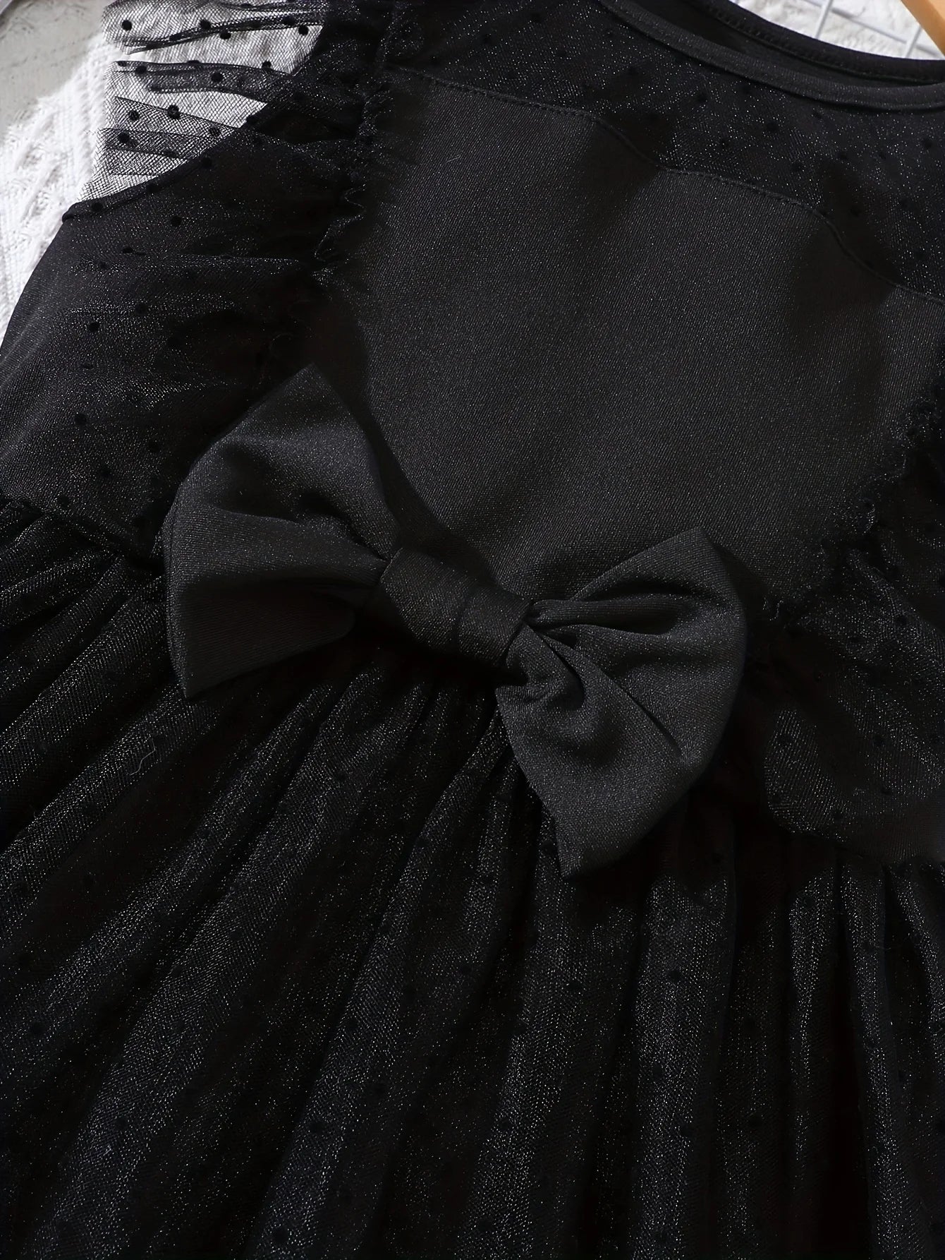 Girls Summer Casual Fashion Flying Sleeve Bow Dot Flocking Mesh Dress Beach Wedding Holiday Party Princess Dress Gift