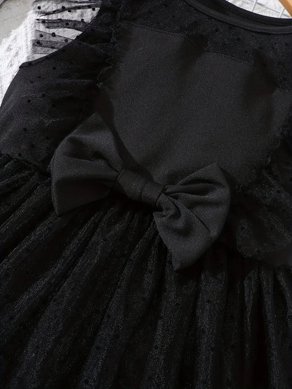 Girls Summer Casual Fashion Flying Sleeve Bow Dot Flocking Mesh Dress Beach Wedding Holiday Party Princess Dress Gift