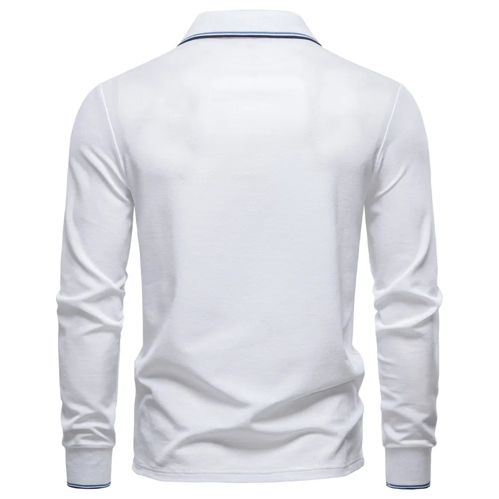 Men's Henley Neck Polo Shirt Cotton Solid Color Long Sleeve Autumn Winter Premium Luxury Mens Top