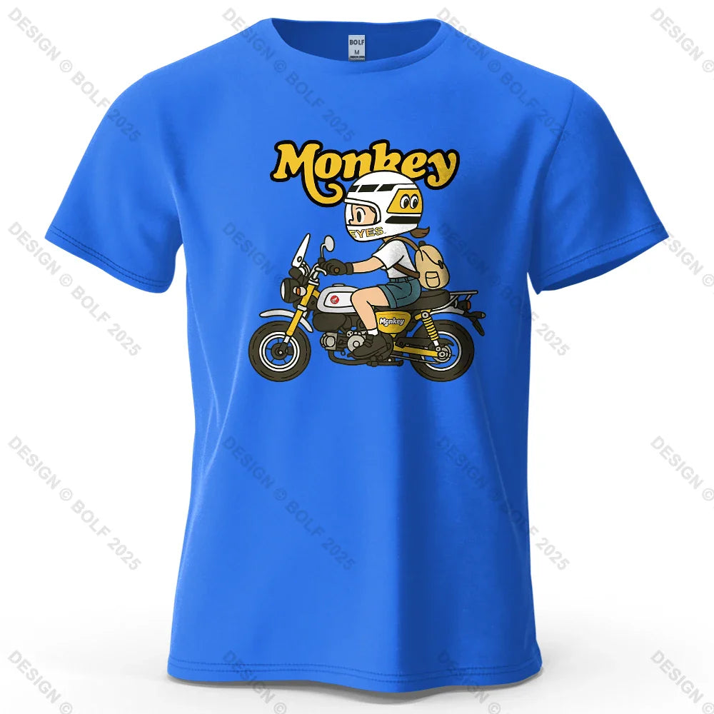 Men's Monkey Motorcycle Graphic Short Sleeve T-Shirt 100% Cotton Cartoon Printed Tops Tee for Women Summer Casual Sportswear