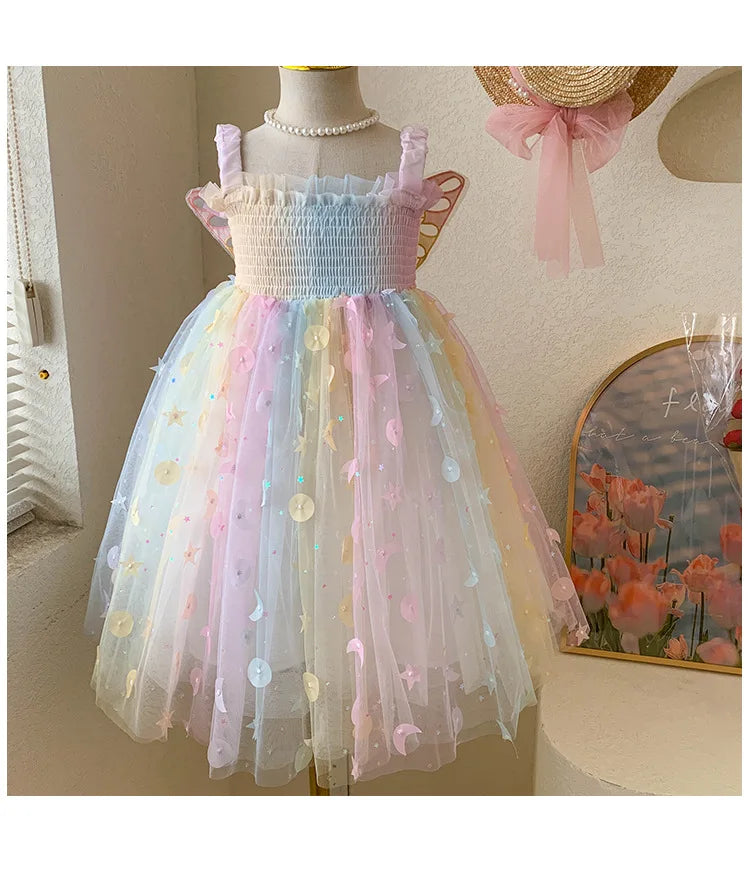 Korean Style New Summer Baby Girl Princess Dress Square Collar Mesh Sleeveless Dresses Children Clothing E23076
