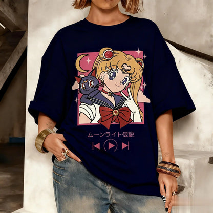 Camiseta Oversized Streetwear Kawaii Sailor Moon Gráfica Masculina Feminina Estampa Anime Manga Curta Verão Casual Roupa Y2k