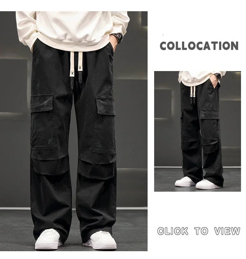 Autumn New Wide Leg Pocket Cargo Pants Men Trousers Neutral Loose Casual Cotton Straight Outdoor Fashion Pants Big Size 8xl