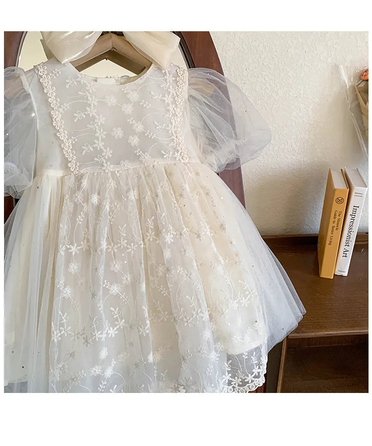 Kid Girl White Short Sleeve Dress Delicate Floral Embroidery Puff Mesh Sleeves and Tulle Overlay Skirt for Children Casual Wear