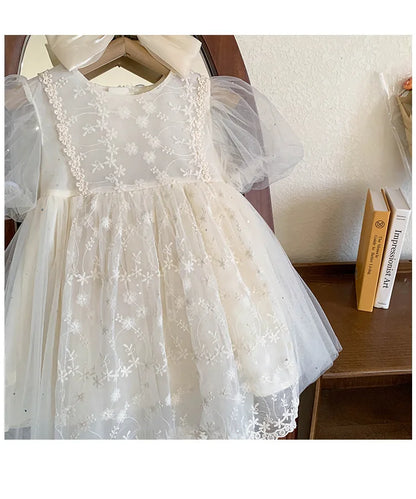 Kid Girl White Short Sleeve Dress Delicate Floral Embroidery Puff Mesh Sleeves and Tulle Overlay Skirt for Children Casual Wear