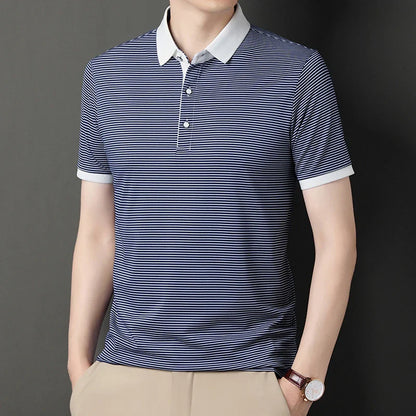 2024 Men's New Striped Cotton Business Casual Short Sleeved POLO Shirt Fashion Short Sleeved Comfortable and Breathable Top