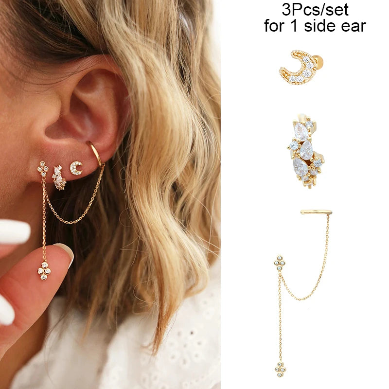 3PCs/set Earrings for 1 Ear Women gold color zirconia Classic Piercing Designer Earring set 2024 Women Jewelry Wholesale