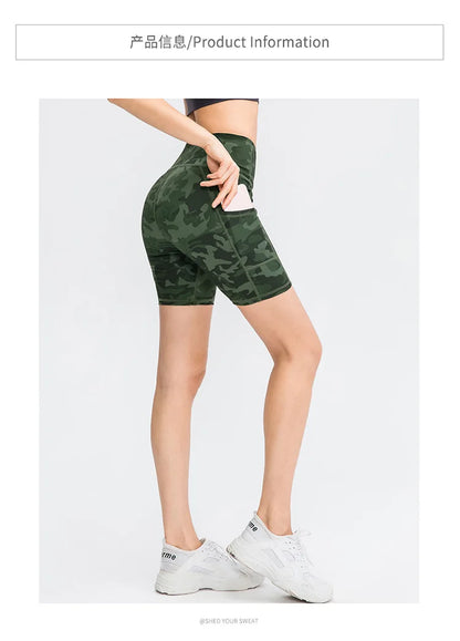 Women's printed nude yoga shorts with pockets skin-friendly tight stretch quick-drying sports fitness hiking running shorts