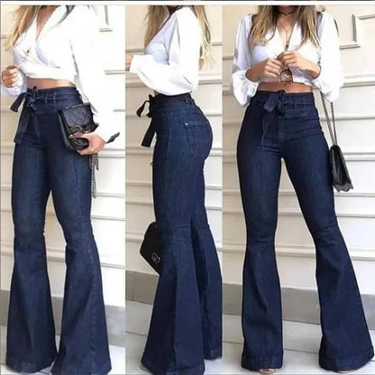 Women Denim Tie Waist Flare Jeans