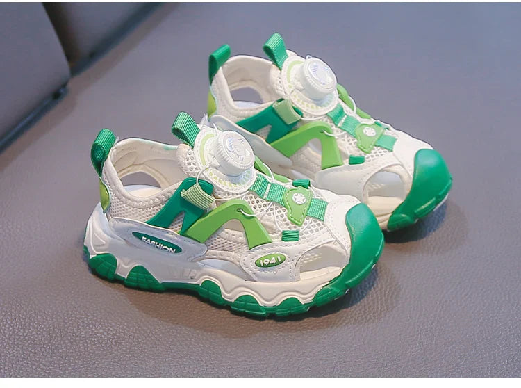 Kids Shoes Rotating Button Closed-Toe Boys Sandals Breathable Mesh Sport Shoes for Boys, Non-Slip Children Summer Sneakers
