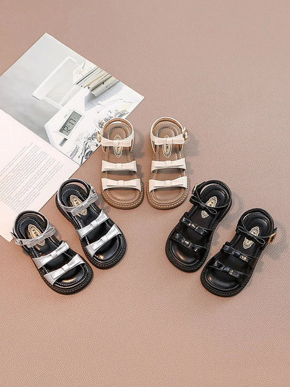 Bling Rhinestone Heart Buckles Strap Sandals for Kids Girls Brand Design Bowknot Sandalias Children Soft  Summer Flat Shoes
