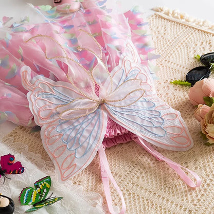 Girls Green Butterfly Dress Summer Children Colorful Mesh Dress Baby Sling Wings Princess Dress for Birthday 2-6T