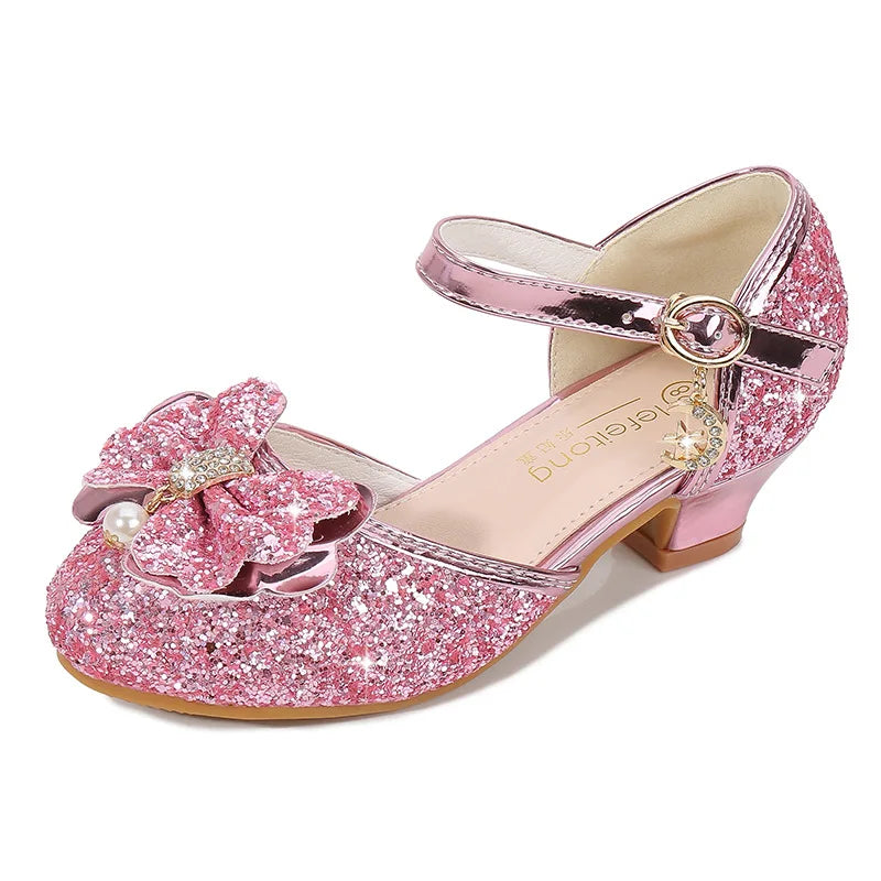 Children's Sandals for Party Wedding Elegant Bowknot Kids Girls Versatile Sequins High-heels Fashion Pearl Princess Single Shoes