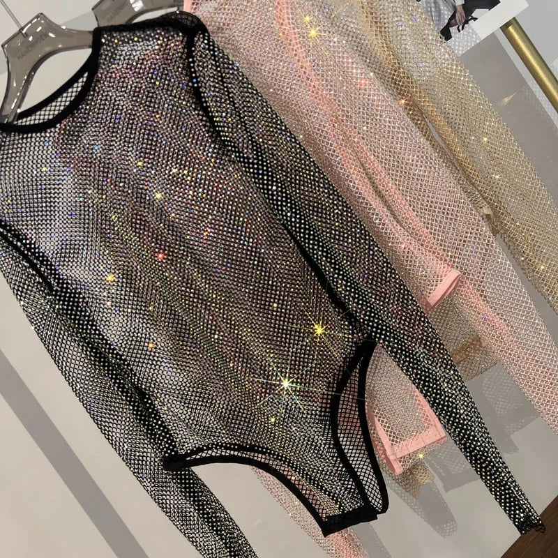 Women's Shiny Rhinestone Fishnet See-Through Bodysuit Mesh Fashion Sexy Bodysuit