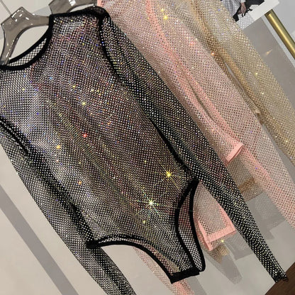 Women's Shiny Rhinestone Fishnet See-Through Bodysuit Mesh Fashion Sexy Bodysuit