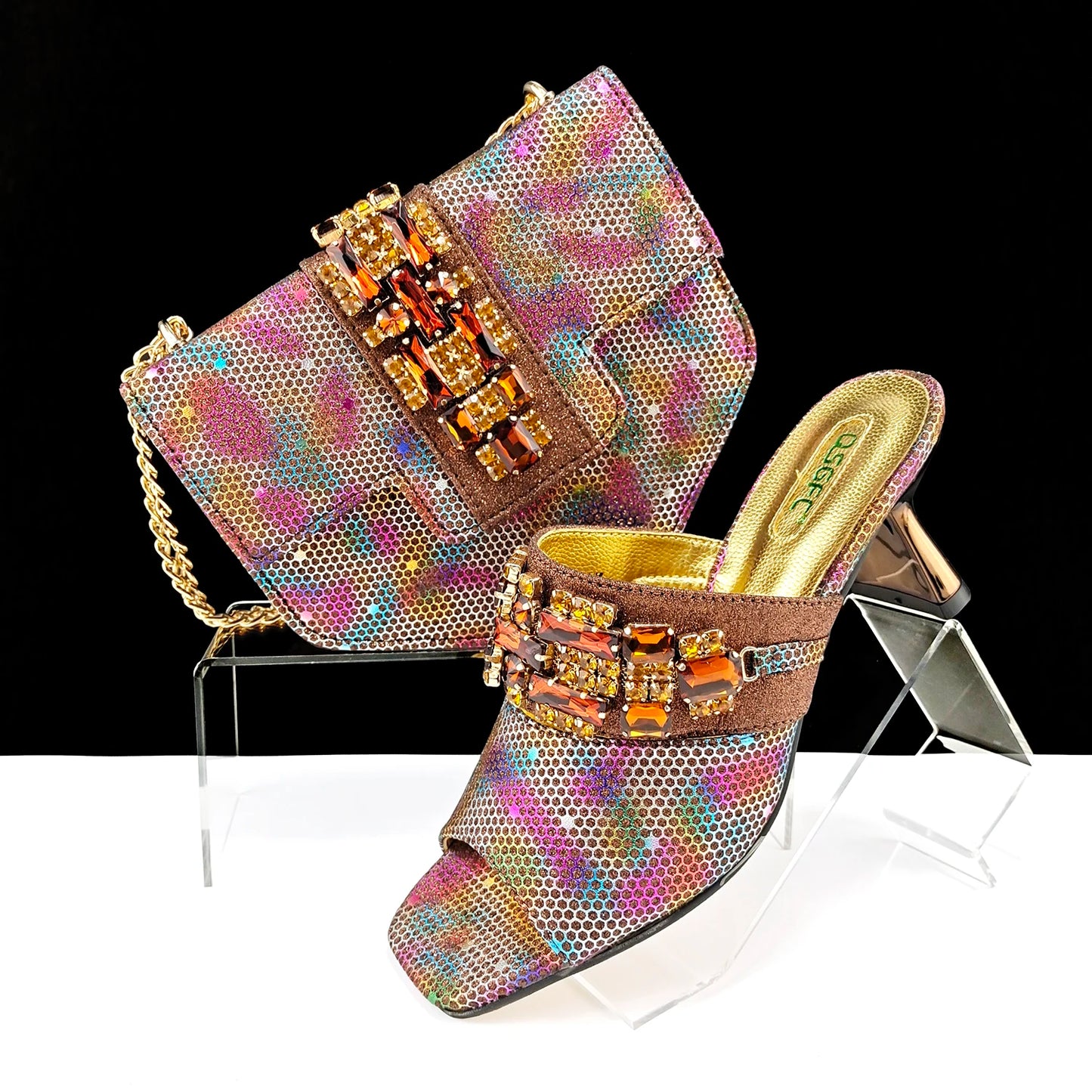 Mature Style Colorful Rhinestone Metal Design Strange High Heel Style Peep Toe Shoes and Bag Set for Party Wedding