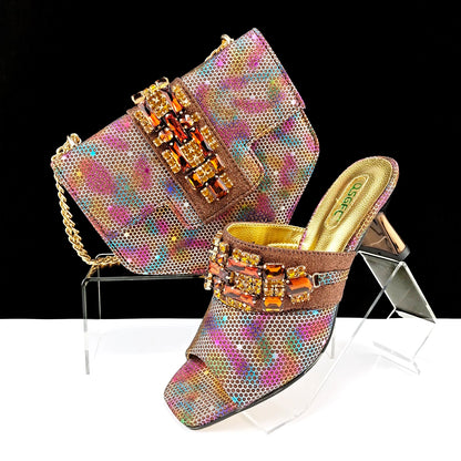 Mature Style Colorful Rhinestone Metal Design Strange High Heel Style Peep Toe Shoes and Bag Set for Party Wedding
