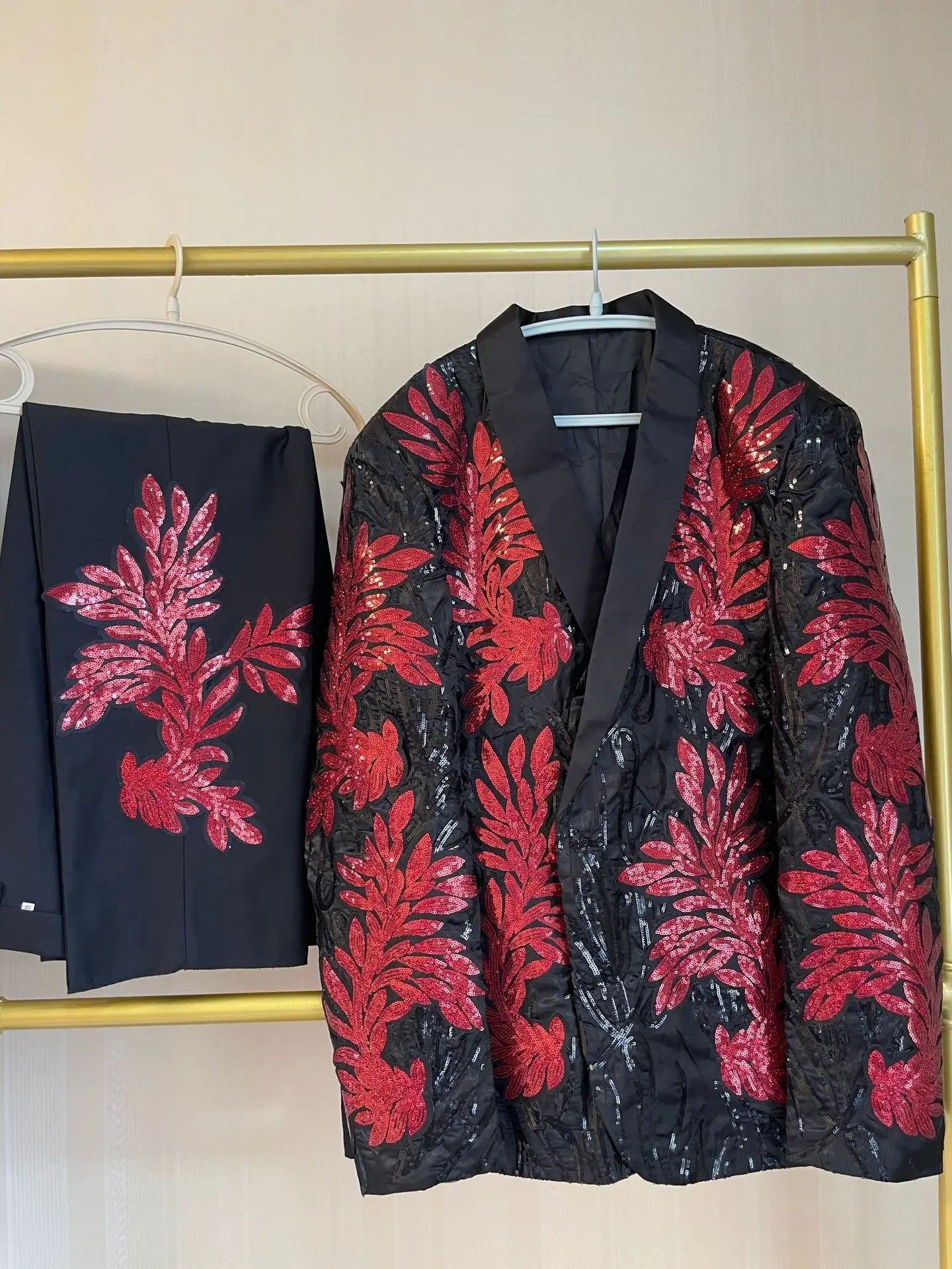 Men's Gold Sequin Applique Fashion Trend Suit Set High-Quality Casual Jacket And Western Pants Two-Piece Ensemble