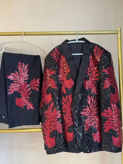 Men's Gold Sequin Applique Fashion Trend Suit Set High-Quality Casual Jacket And Western Pants Two-Piece Ensemble