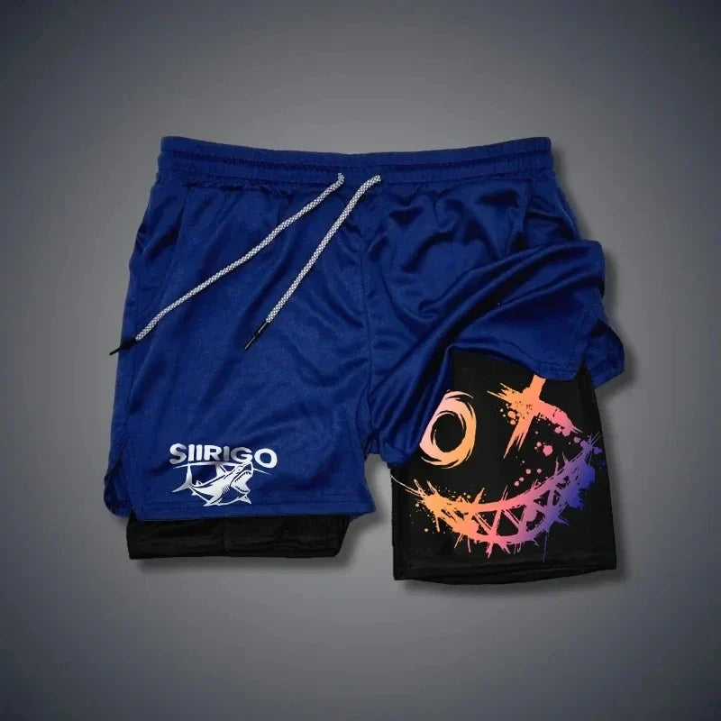 2024 Men's Smiling Face Printed Fitness Shorts Double-Layer 2-in-1 Quick Drying Fitness Outdoor Leisure Training Sports Shorts