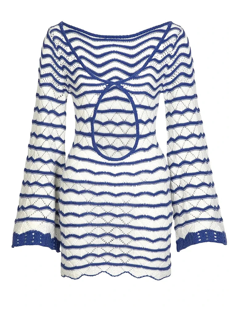 Boho Striped Chic V-neck Cut Out Bell Sleeve Knit Dress 2025 Summer Women Seaside Holiday Mini A-Line Dress K123
