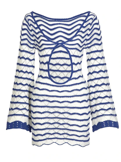 Boho Striped Chic V-neck Cut Out Bell Sleeve Knit Dress 2025 Summer Women Seaside Holiday Mini A-Line Dress K123