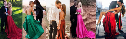 Women Sexy Prom Dresses Lace-Up Spaghetti Straps Backless Sling Evening Dress Satin A-Line High Split Maxi Train Party Gowns