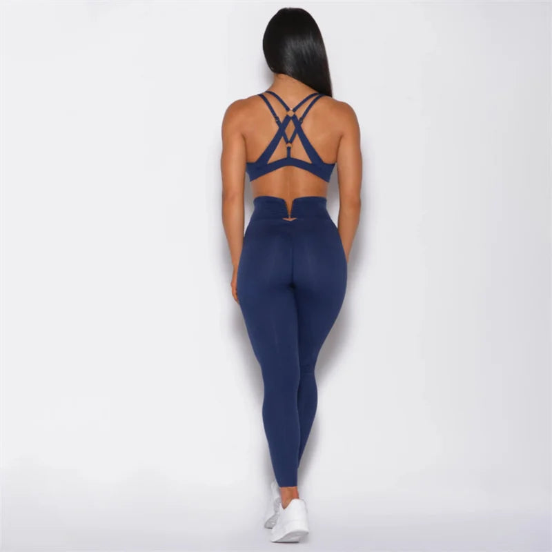 Yoga Set Two piece Hollow Sports Bra Cross Back High Waist Leggings Fitness Workout Women's Tracksuit Gym Outfits Clothing