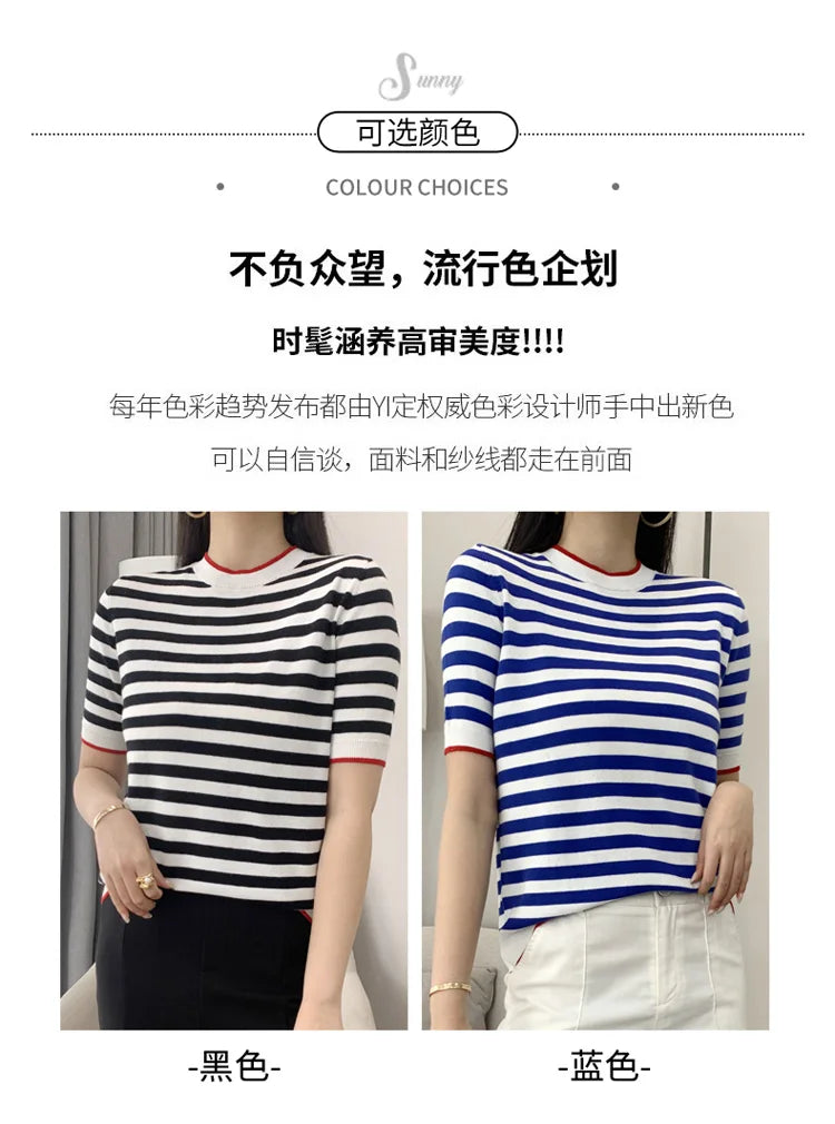 Summer Women's O-Neck Striped 100% Cotton Short Sleeve T-Shirt With Loose Pullover Casual Knit Top High Quality 5 Sizes