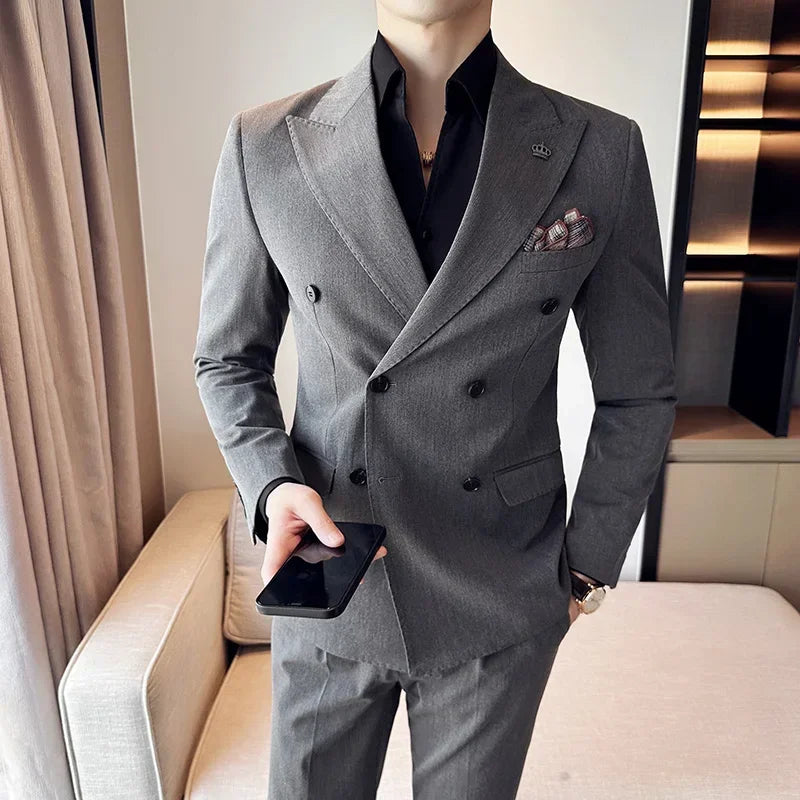 (Jackets+Pants) Luxury Double Breasted Design Slim Fit Suit High Quality Fashion Men's Wedding Social Suit Tuxedo 2 Piece Set