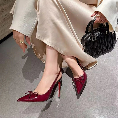 Leather Women's High Heels 2026 Summer New Style Bow-tie Pointed Toe Sandals Sexy Striptease Party High Heels