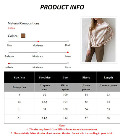 2025 Summer Long Sleeve Striped T-Shirts Women Basic Casual Tops Female Cozy Loose Cotton Tees Harajuku T Shirt New