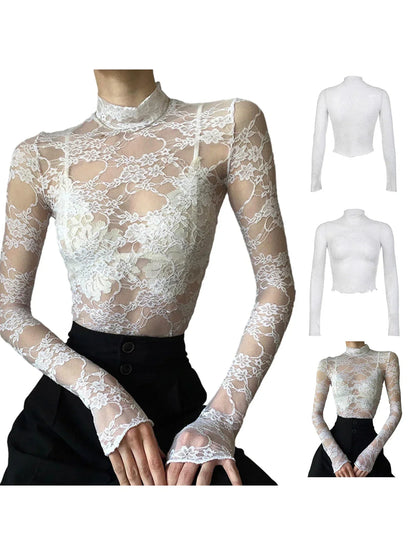 Sexy Lace Blouse Shirts Summer Women Turtleneck Long Sleeve See Through Lace Patchwork Thin Tops