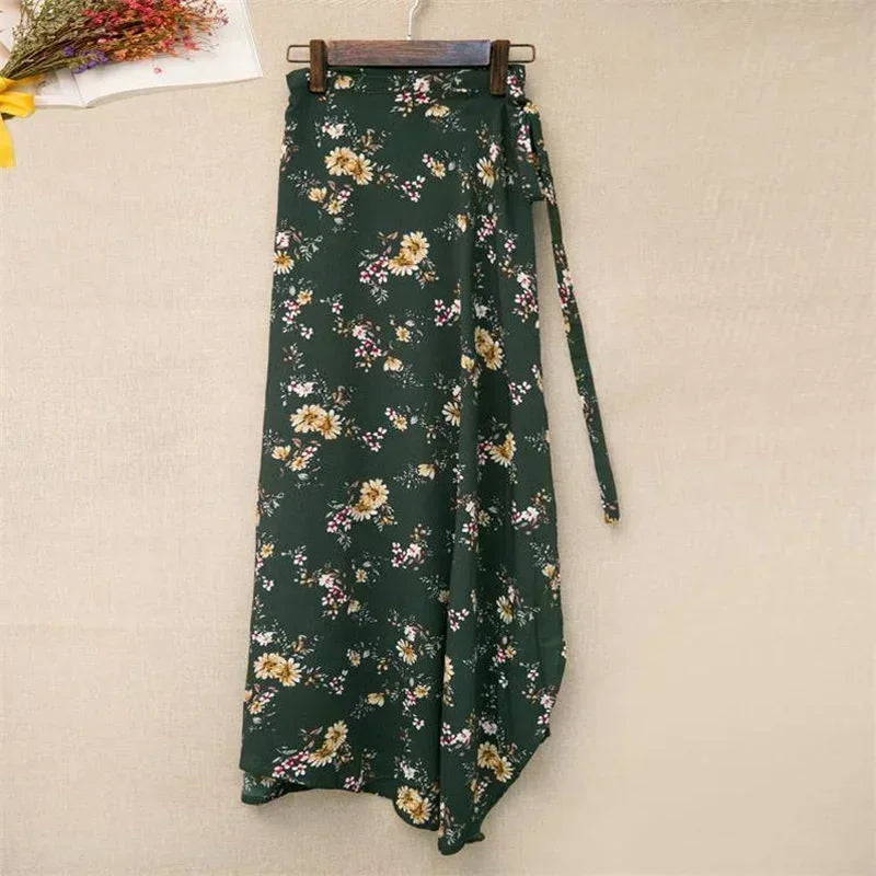 Wrap Skirts Women Casual Chiffon Tie-Waist Ruffle Wide Leg Loose Floral Skirts String Belt One Piece Wrap Beach Skirts