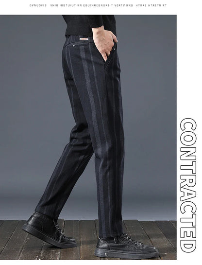 Autumn New Men's Slim Casual Pants  Fashionable Fit Elastic Business Pants High Quality Stripe Classic 3-colors Male Trousers