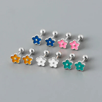925 Sterling Silver Romantic White Enamel Flower Screw Bead Stud Earrings for Women Fashion Simple Piercing Jewelry Gift