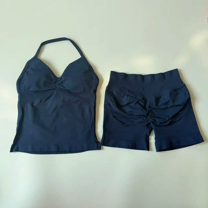 Yoga Set Women Padded Halter Tank Top Scrunch Butt Lifting Gym Shorts Set Summer Sportswear Workout Clothes