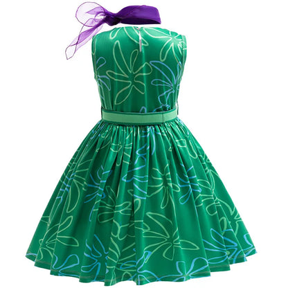 3PCS Full Printing Green Dress for Kids Girl Cosplay Dress+Scarf +Belt Disgust Costume Halloween Disguise Party Joy Clothing