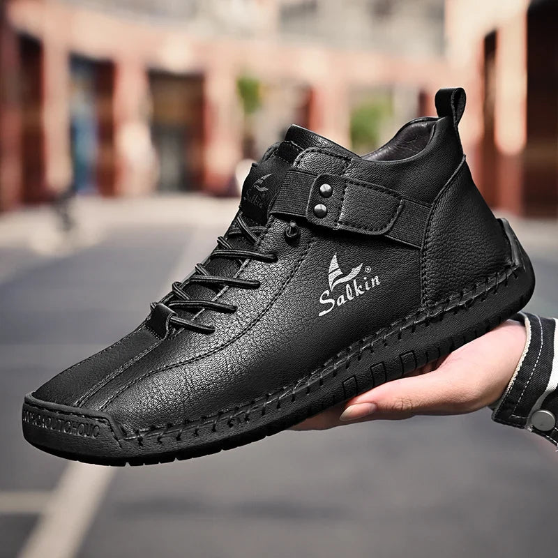 New 2025 Handmade Leather Casual Men Shoes Design Sneakers Man Breathable Leather Shoes Ankle Boots Outdoor Non Slip Walking