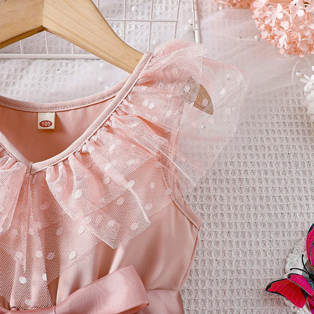 Toddler Girls' Pink Polka Dot Mesh Dress - Flutter Sleeves, Big Bow Waist, Sweet Spring & Summer Princess Dress