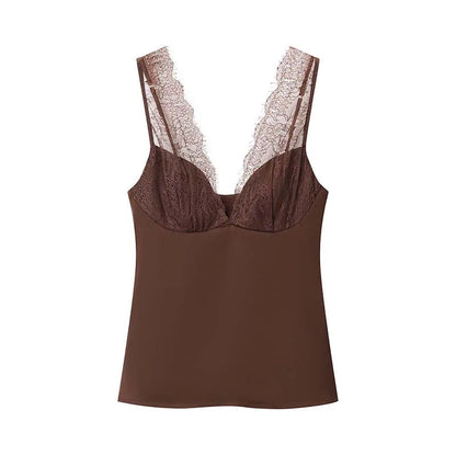 Black Satin Lace V-Neck Camisole Top for Women Cropped Y2k Harajuku Fashion Elegant Sleeveless Shirt Blouse Female