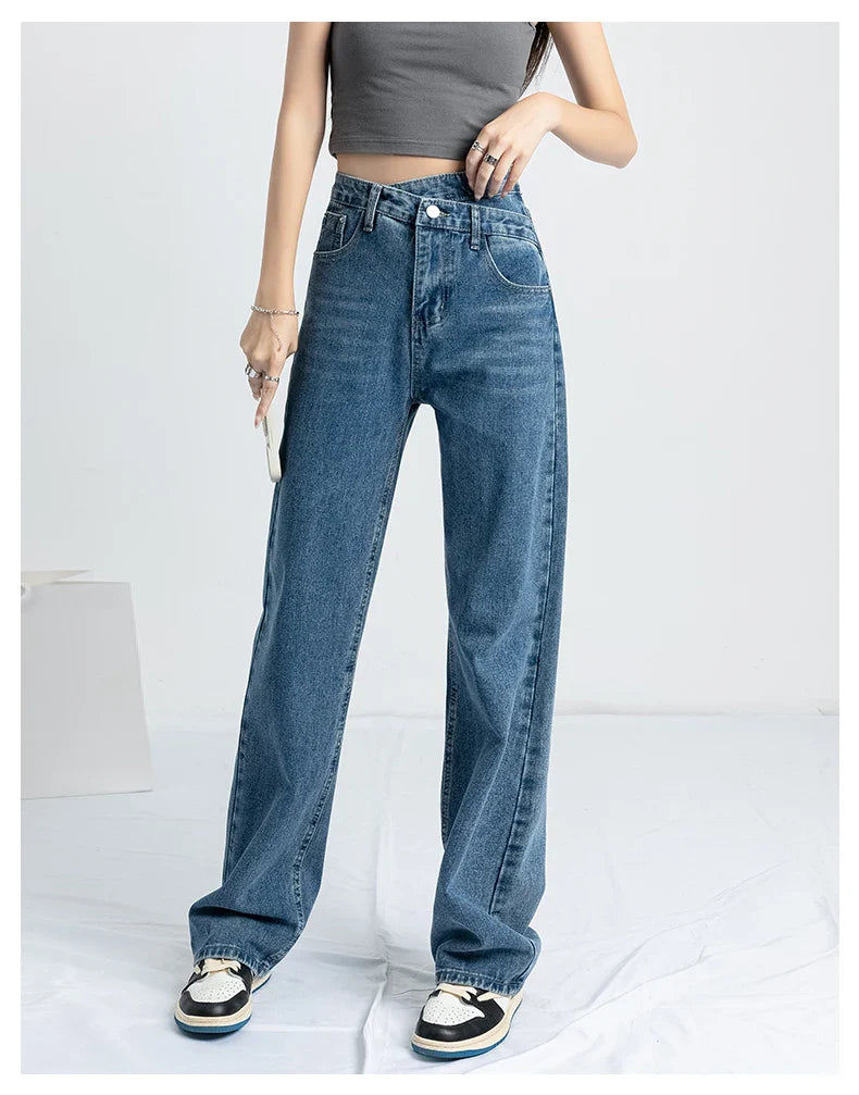 Wide Leg Pants Mom Femme Black Blue Jeans High Waist Woman Trousers