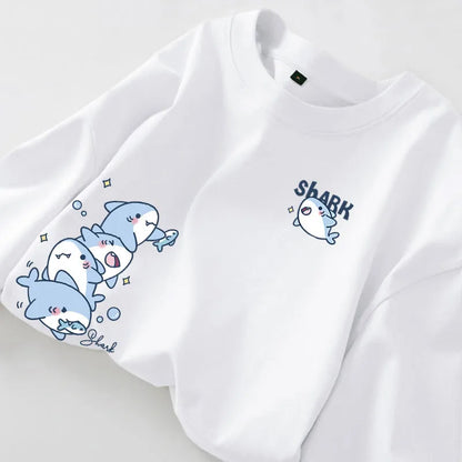 Cartoon Shark Print Simple Casual Loose Versatile Summer Short Sleeved T-shirt