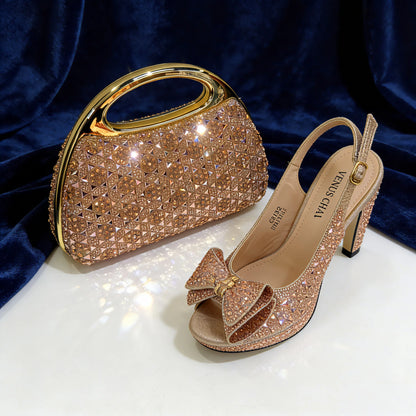 Elegant Italian Women’s Fuchsia Rhinestone Peep-Toe High Heel Sandals and Matching Bag Set – Perfect for Weddings and Parties