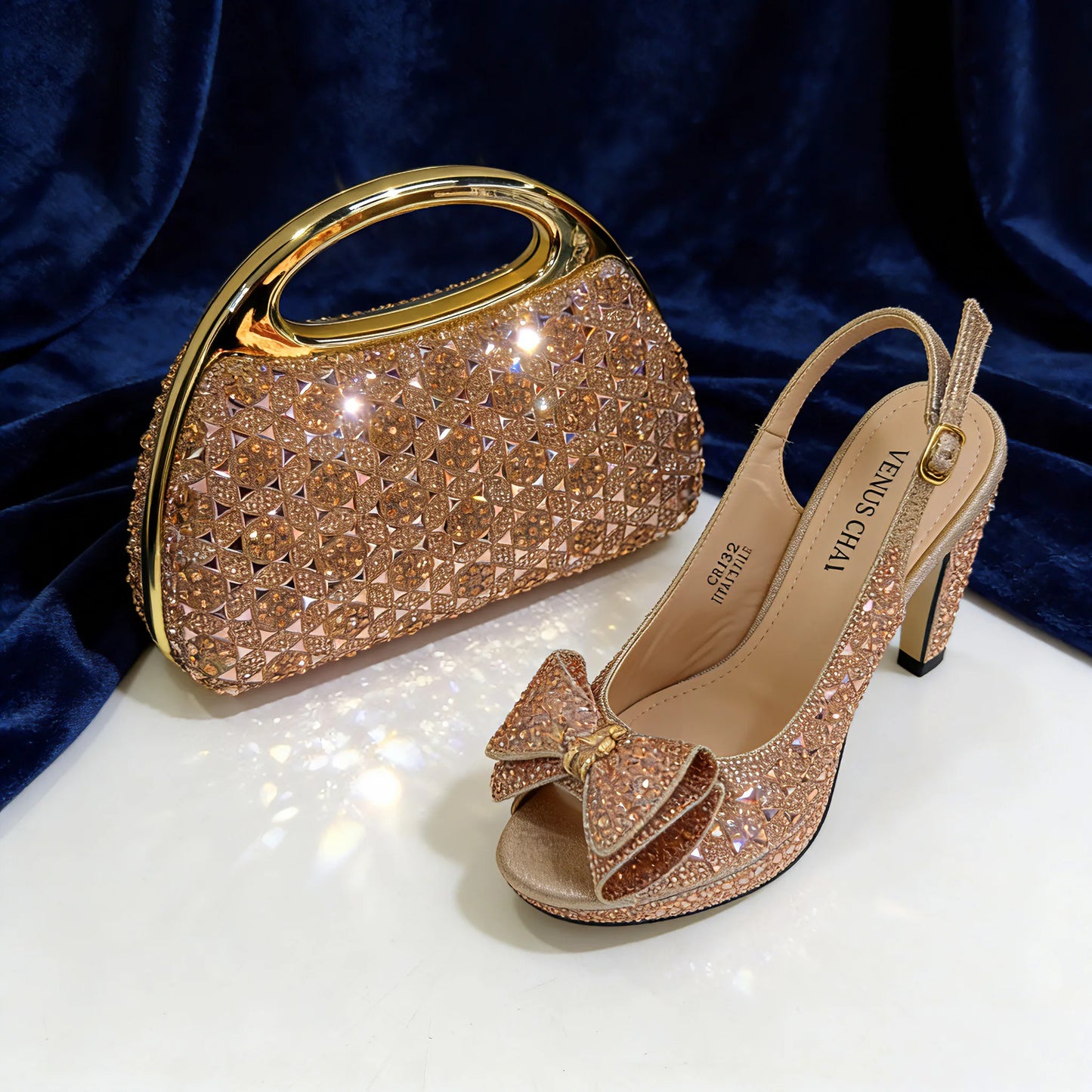 Elegant Women's Rhinestone Peep Toe High Heels Sandals - Italian Design with Matching Blue Handbag