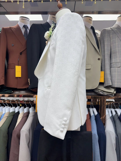 Men's White Patterned Wedding Suit, Elegant Fully Jacquard Set, Formal Groom Tuxedo, Modern Shawl Lapel Jacket With Vest Pants